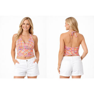 Women's Unbranded Plaid Halter Crop Top in Pink and Orange, Size S